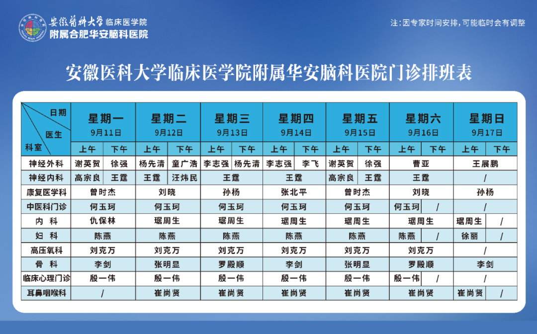 【专家坐诊】华安脑科医院 2023年9月11日—9月17日门诊排班表 