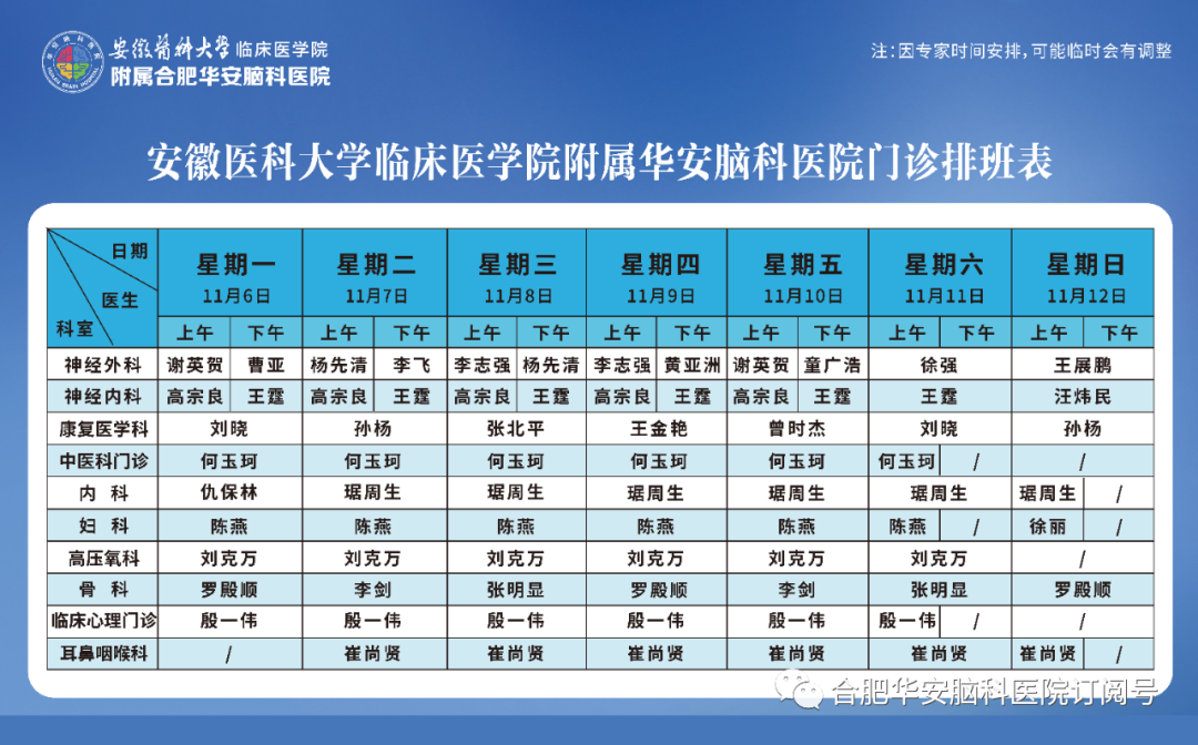 【专家门诊】华安脑科医院2023年11月6日—11月12日门诊排班表